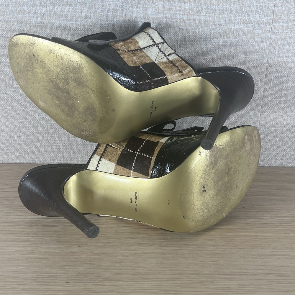 Hale Bob Pony Hair Plaid Patent Leather Mule Heels Bow Peep Toe 10 CityCore - Picture 5 of 14